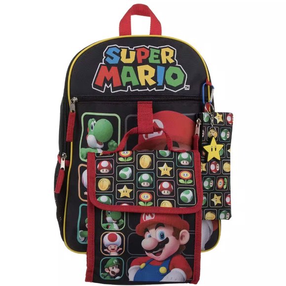 Bioworld 5 Piece Super Mario Backpack | Lunch Bag, Key Chain, Utility Case, Clip - Picture 2 of 5